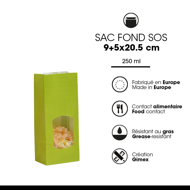 Sac alimentaire SOS fenêtre 250 ml|kraft lisse vert|par 1200