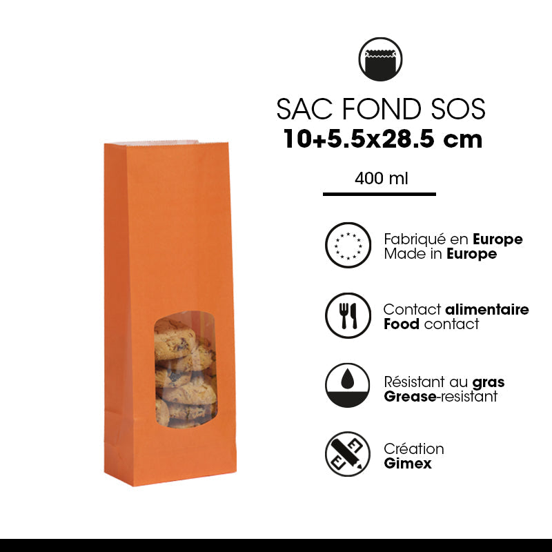 Sac alimentaire SOS fenêtre 400 ml|kraft lisse orange|par 1200