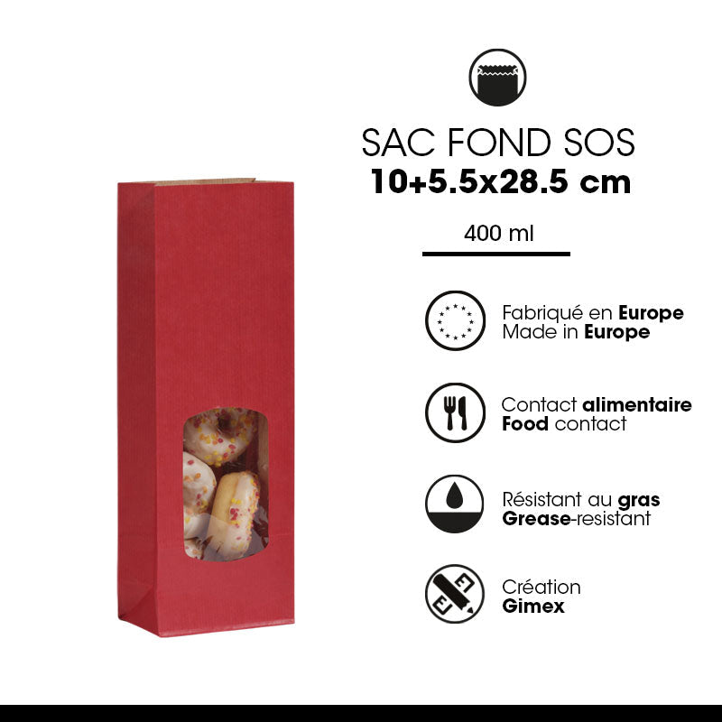 Sac alimentaire SOS fenêtre 400 ml|kraft vergé rouge|par 1200