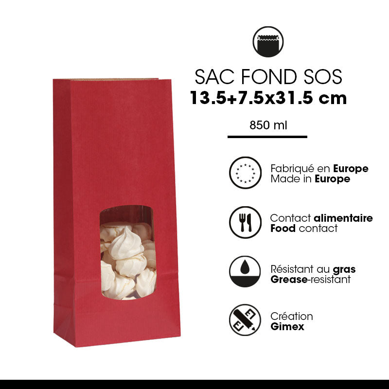 Sac alimentaire SOS fenêtre 850 ml|kraft vergé rouge|par 800