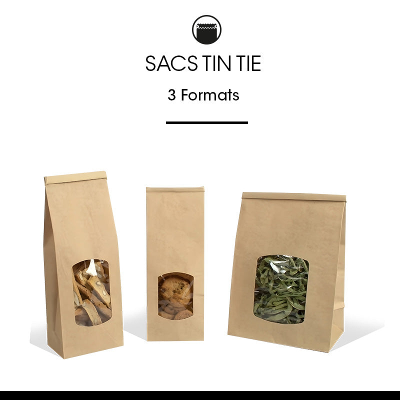 Sachet fenêtre avec barrette de fermeture en kraft brun 80g -10+7x28,5cm par 600
