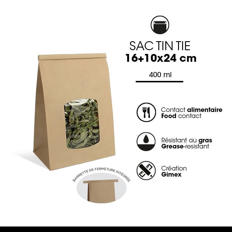 Brown kraft window pouch with tin-tie closure 80g - 16+10x24cm, pack of 400
