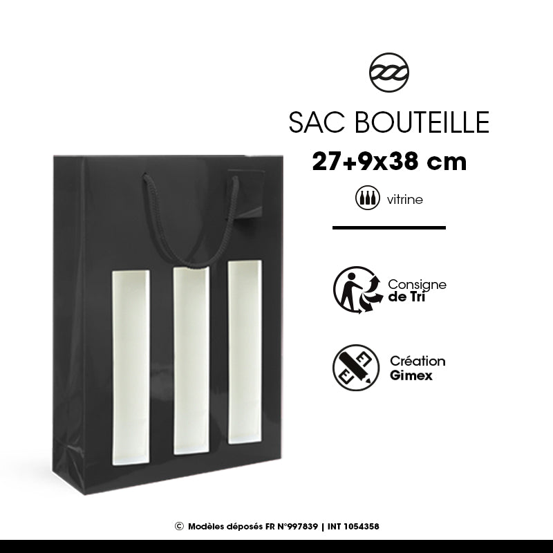 Sac fenêtre 3 bouteilles|pelliculé noir|poignées cordelières|18+9x38cm|par 100