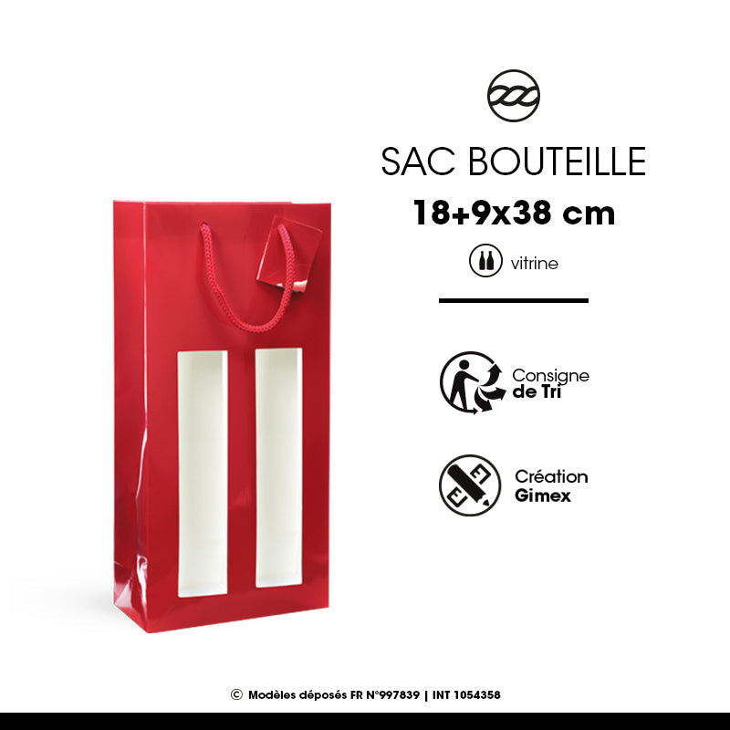 Sac fenêtre 2 bouteilles|pelliculé rouge|poignées cordelières| 18+9x38cm|par 100