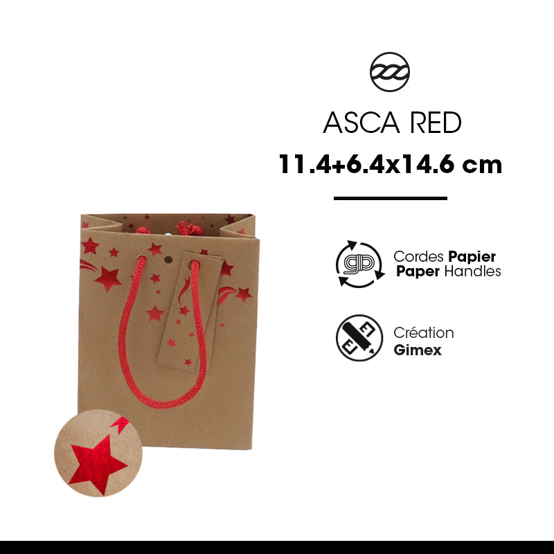 Sac Small Asca Red|kraft brun|poignées cordelières| 11,4+6,4x14,6cm | par 300